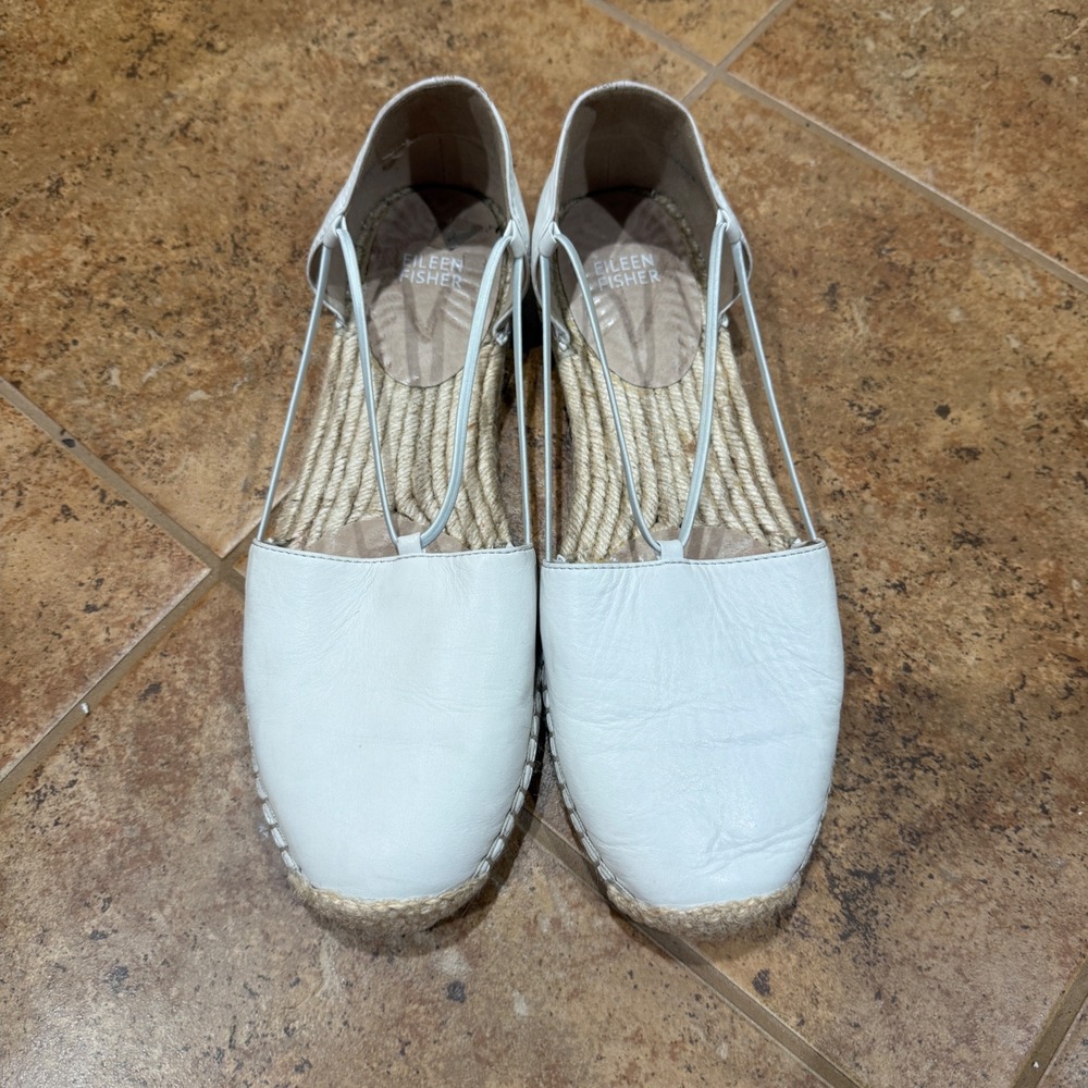 Eileen Fisher Lee Whitewash Leather Espadrille Flats Elastic Straps White Sz 10 - Picture 2 of 8